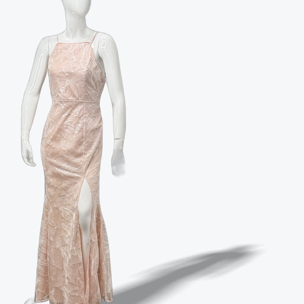Lulus Blush Pink Sequin Full Length Dress Glamourous Side Slit Formal Gown Large